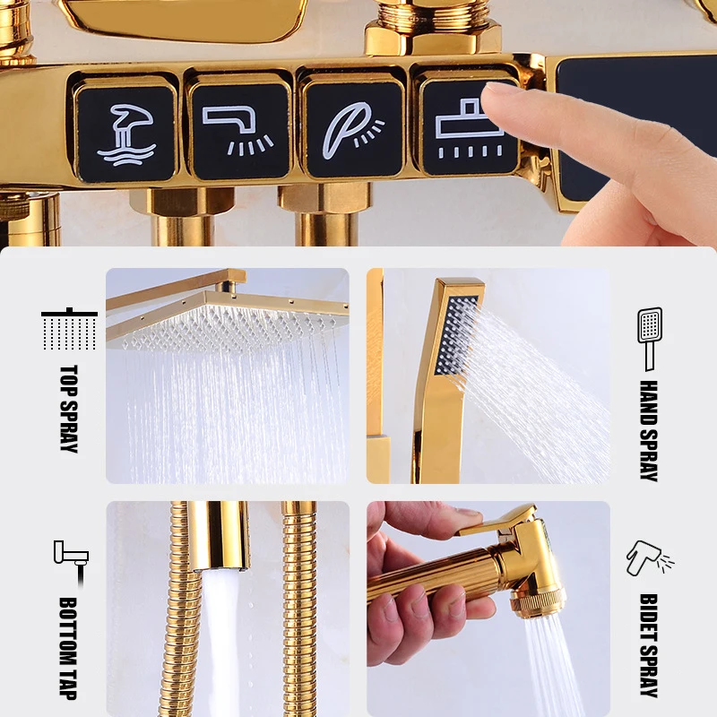 Золотистый цифровой смеситель для душа кран горячей и холодной воды