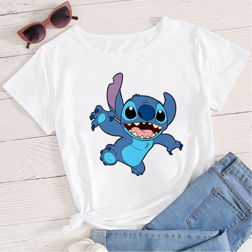 

Disney Happy Stitch Running Towards You Graphic T Shirt Women Can't refuse such a cute Little guy Printed T-shirts Top Brands