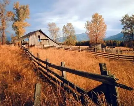 

Trees Scenery Wall Decor Old Wood Barn with Fence Fall Art Print Poster
