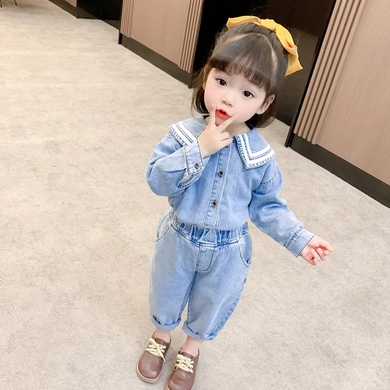 

Girls' suit 2021 spring new baby denim shirt jeans two-piece suit