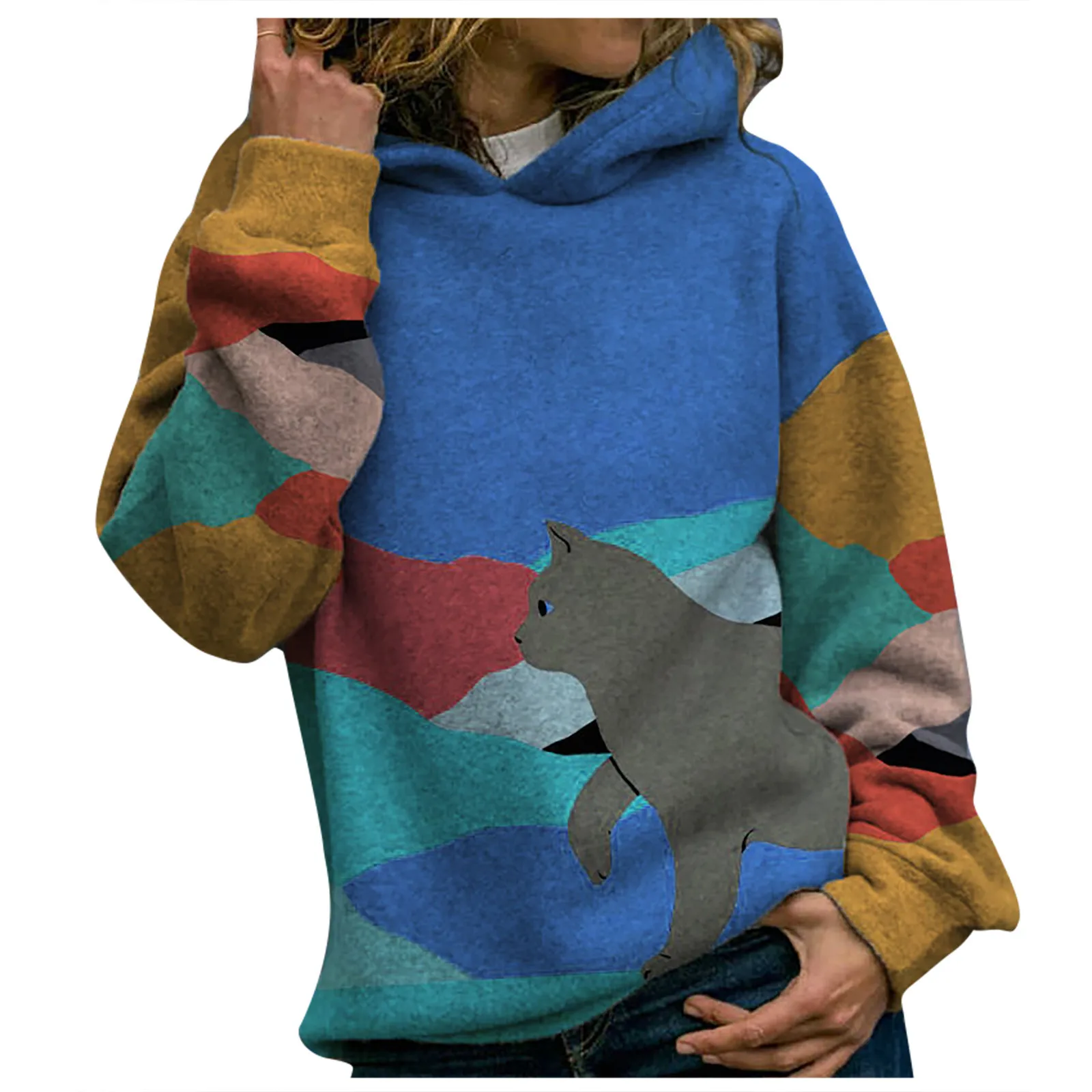 

New Winter Clothes Women Sweatshirt Hood Animal Cat Printing Long Sleeves Pullover Sweatshirt Clothes Sweat Oversize Femme