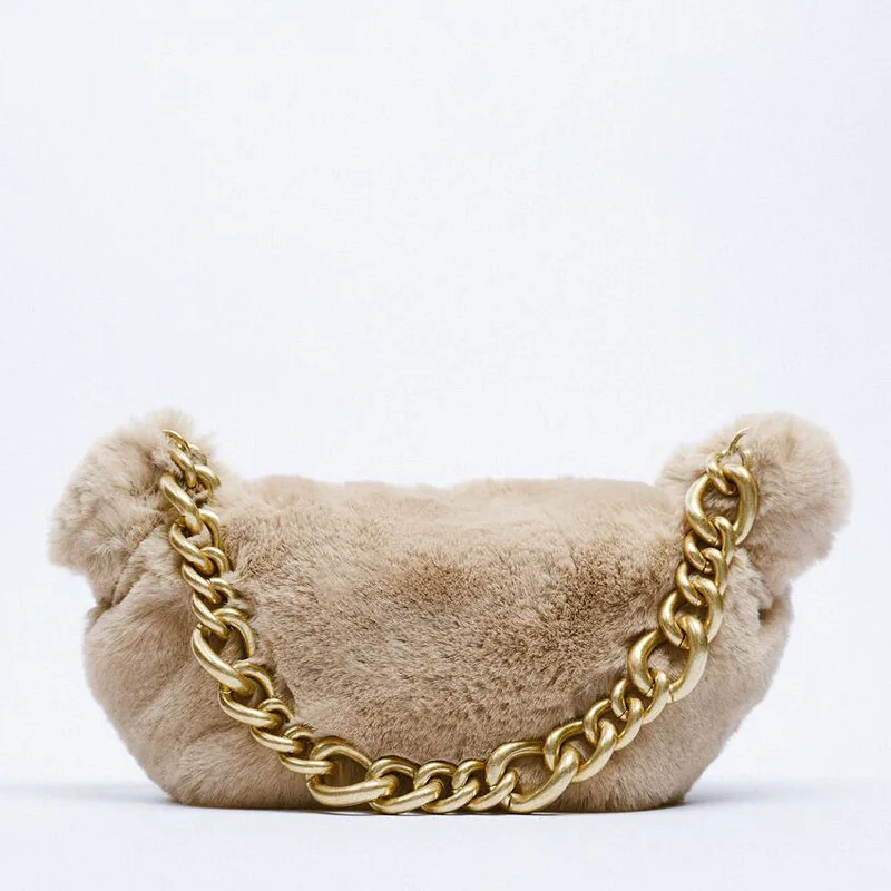

Luxury Gold Chain Shoulder Bag Women 2021 Winter New ZA Faux Fur Underarm Bag Plush Winter Women Fashion Handbags