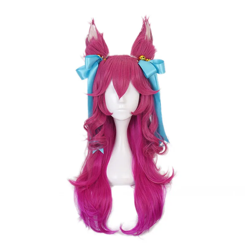 Парик для косплея Ahri из Spirit Blossom с ушками и головным убором, женский, 70 см, длинные волнистые кудри, термостойкий синтетический материал, Хэллоуин.