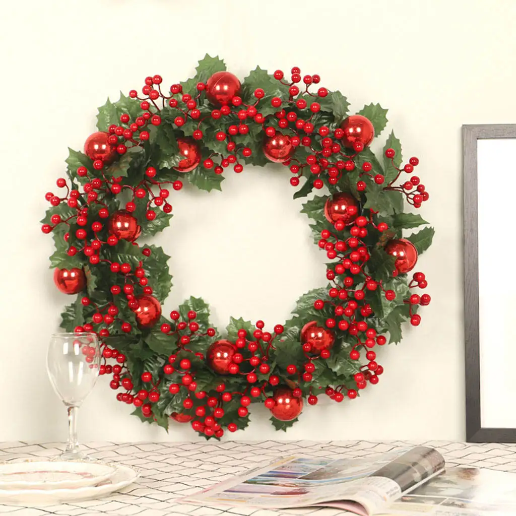 

Рождественский венок 50 см с красными фруктами, зелеными листьями, Цветочная Гирлянда для домашнего декора входной двервечерние