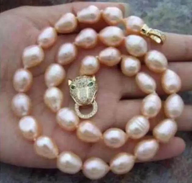

huge 18" 36"9x11MM NATURAL pink PEARL NECKLACE Yellow Leopard head CLASP