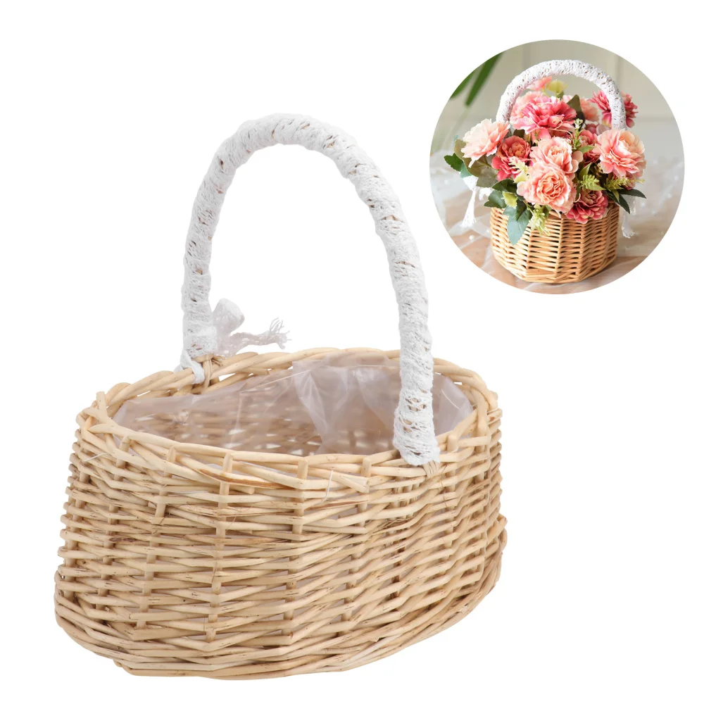 

1Pc Flower Basket Decorative Wedding Basket Handheld Woven Basket Ornament Khaki