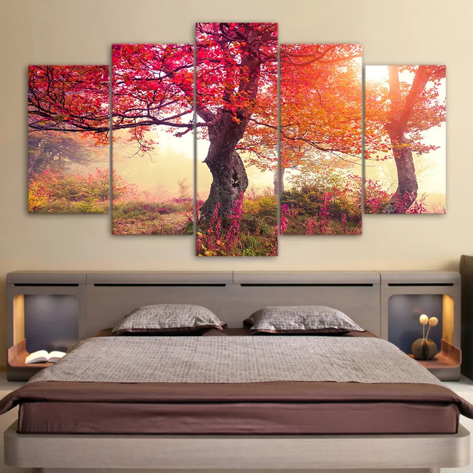 

HD Printed 5 Piece Painting Seasons Trees Red Trees Forest Painting Large Canvas Art Wall Pictures for Living Room