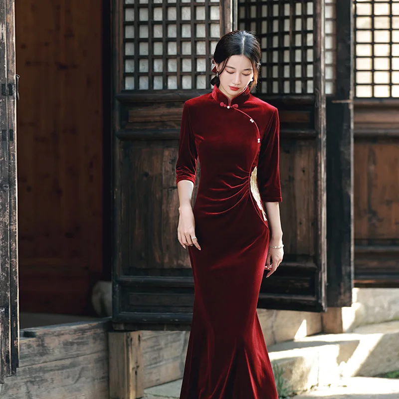 

Burgundy Velour Cheongsam Women Mermaid Mandarin Collar Qipao Chinese Oriental Long Dress Elegant Vintage Button Vestidos