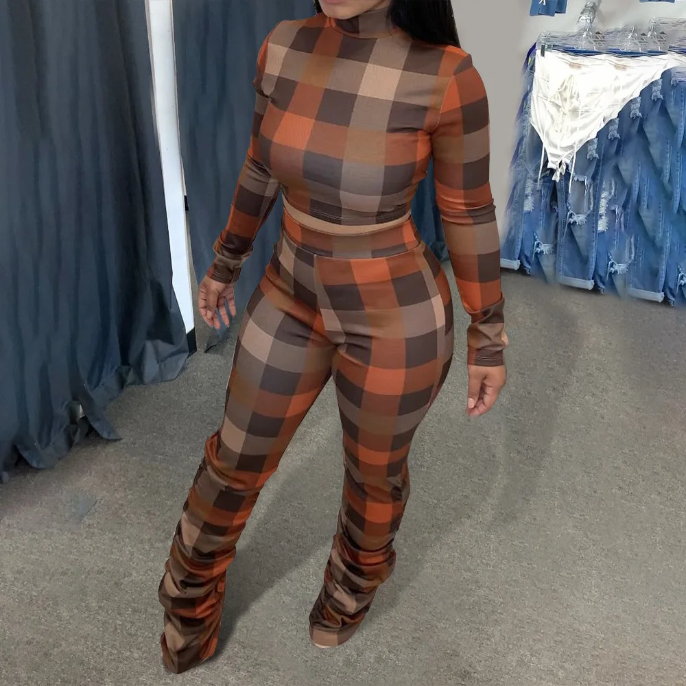 

Vintage Style Plaid Patchwork Two Piece Pant Suit Women's Clothing Turtleneck Long Sleeve Crop Top and Stacked Sweatpant Outfits