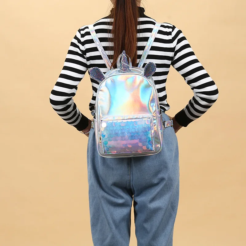 Silver Woman Small Backpack Pu Leather Bag for Kids Girls Holographic Fabric Cartoon Small Bags Sequins Children Bags
