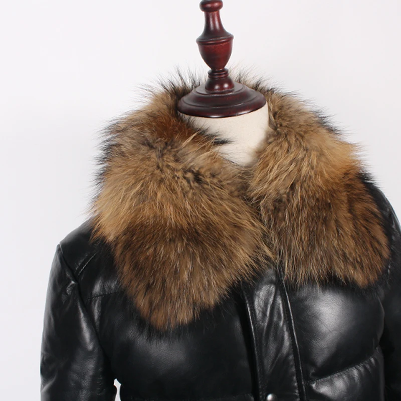 

Sheepskin Top Quality Business Casual Down Coat Men Winter With Raccoon Dog Fur Collar Real Leather Long Duck Down Jacket Black