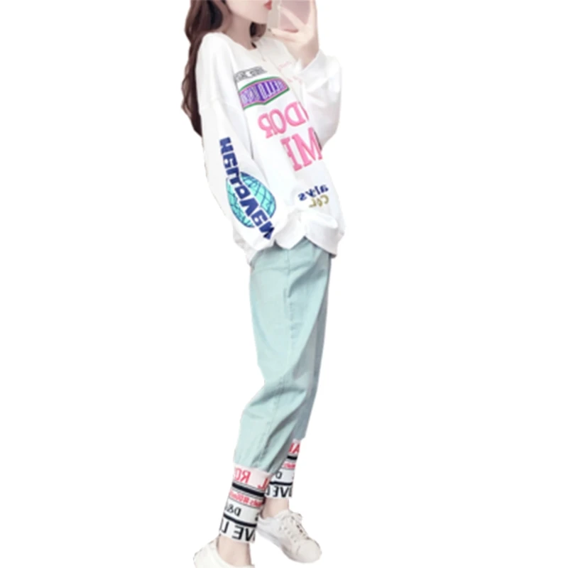 

Костюм спортивный женский из 2 предметов, Свитшот и длинные штаны в стиле хип-хоп, пуловер свободного покроя с длинным рукавом, топ, брюки, сп...