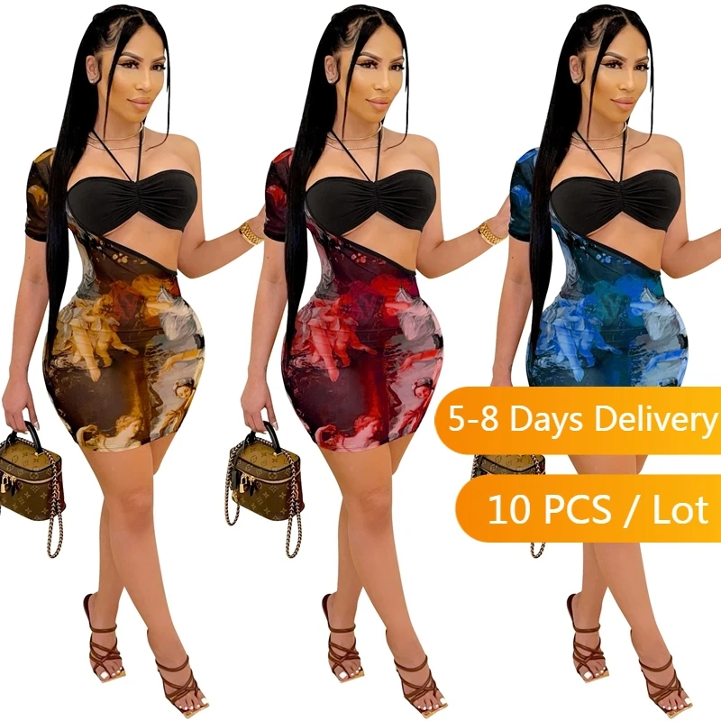 

Wholesale Items Club Sexy 2 Piece Set Women Summer Sheer Mesh Bodycon Rave Outfits Tie Dye Print Halter Crop Top Mini Dress Sets