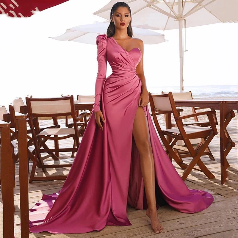 

Detachable Train One Shoulder Evening Dress Long Sleeve Pleat Sexy Side High Slit Gorgeous Party Prom Gown For Women Satin
