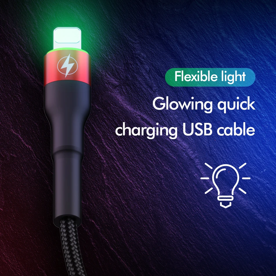 ROCK Metal Led Light USB кабель для iPhone 11 Xs MAX Xr X 8 7 6 6s Plus Быстрая зарядка iPad 100 см 200 50 быстрое