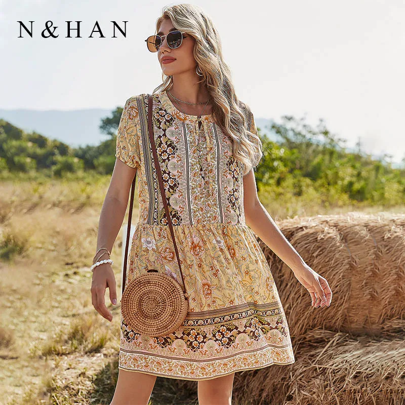 

Bohemian Print Woman Dress Summer 2021 O Neck Short Sleeve Vintage Button Mini Dress for Women Casual Holiday Female Vestidos