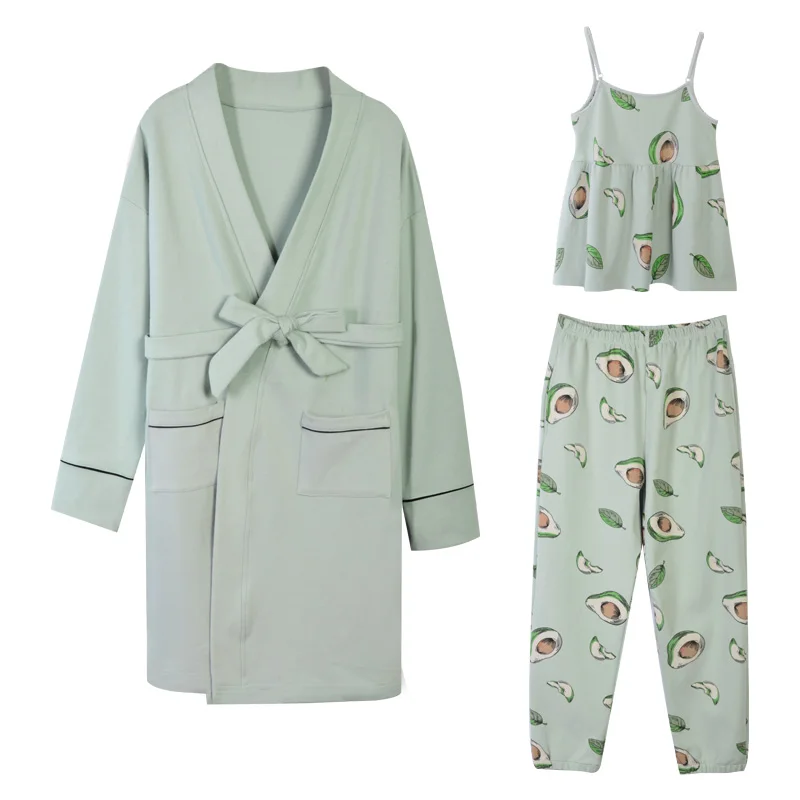 

Avocado Print Pajamas Women Autumn Pure Cotton Nightgown Feminine Sling Cotton Home Service 3 Piece Suit Bathrobe with Chest Pad