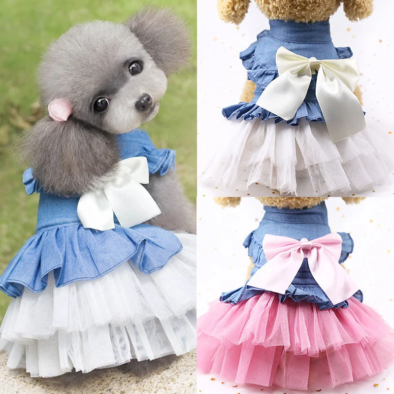 

Denim Bowknot Tutu Dog Dress Clothes For Small Dogs Sweet Pet Puppy Skirt Pullover Princess Dress Chihuahua Cat Tulle Clothing