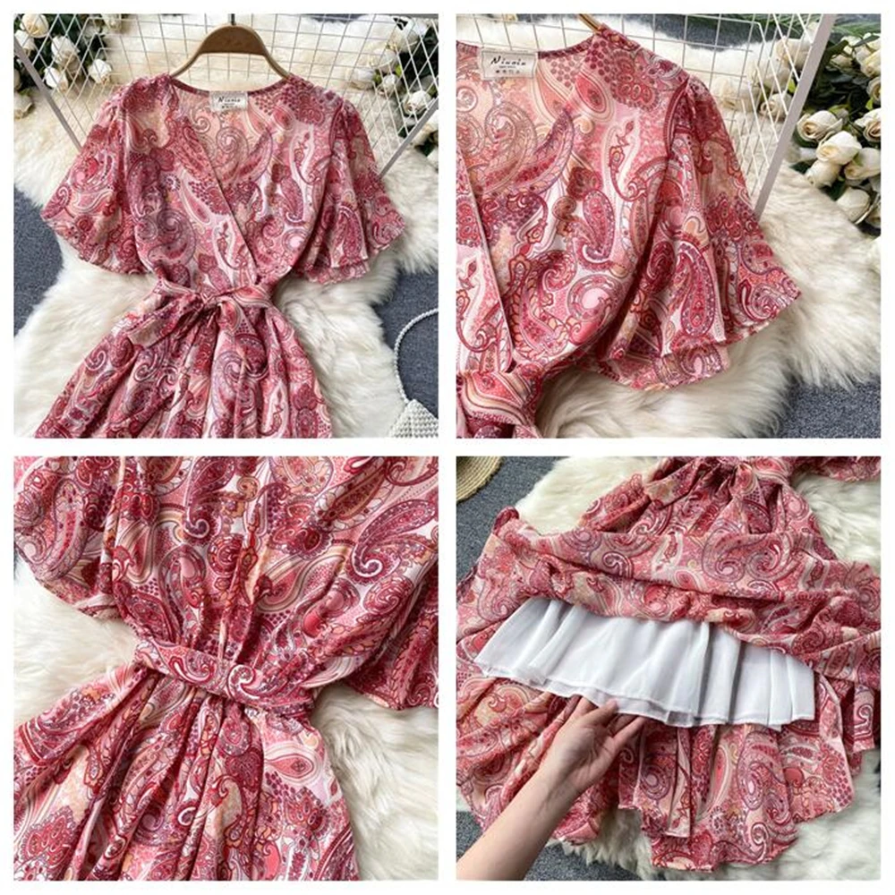 

Women Vintage Dress Summer Floral Beach Chiffon Mini Dresses V Neck High Waist Female Robe Fashion Vestidos Woman Clothing 2021