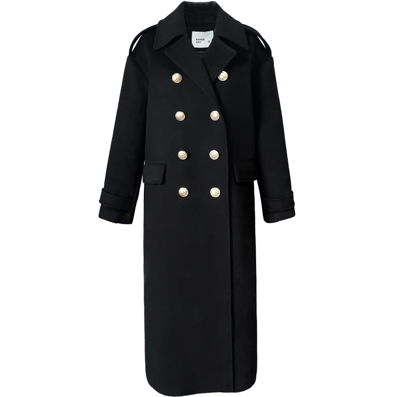 

fashion double breasted x-long woolen coat women black straight loose wool blends coat