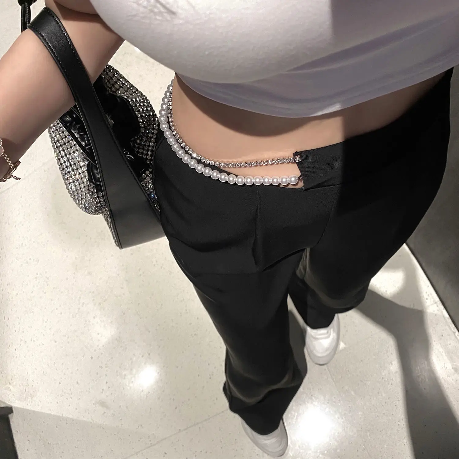 

Chic Pearls Waist Chain Straight Loose Long Pants 20212 Women's Elegant High Street Wide Leg Pants Csual Streetwear Trousers