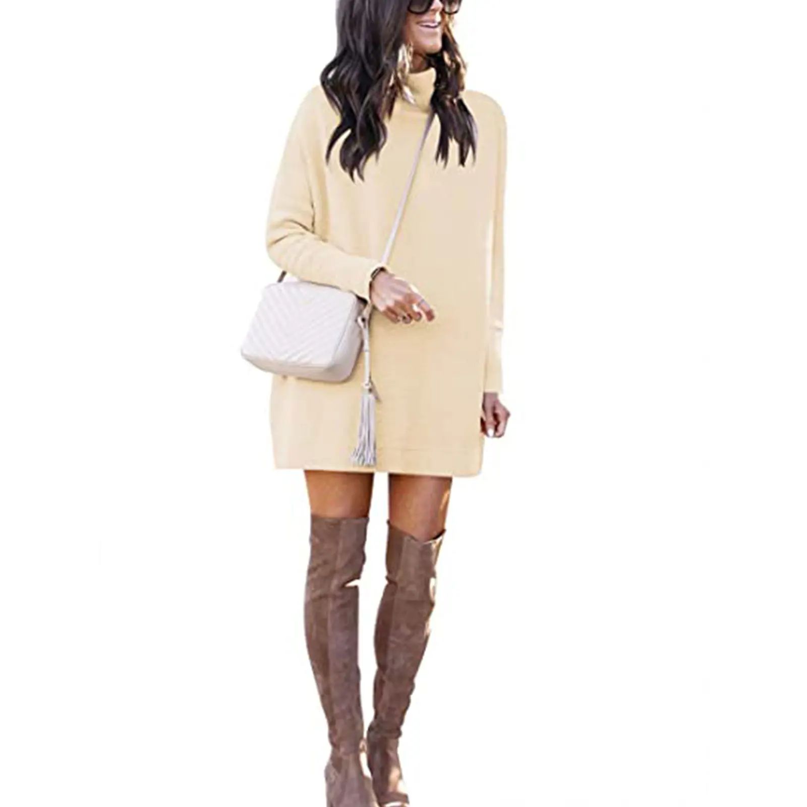 

Fashion Womens Casual Long-sleeved Loose Sweater Autumn Solid Color High Collar Pullover Knitwear
