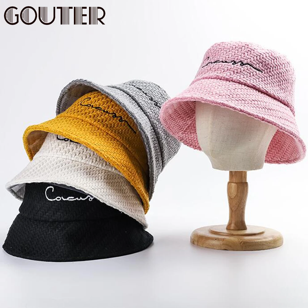 Однотонная хлопковая вязаная шапка GOUTER с надписью и вышивкой зимняя Панама для