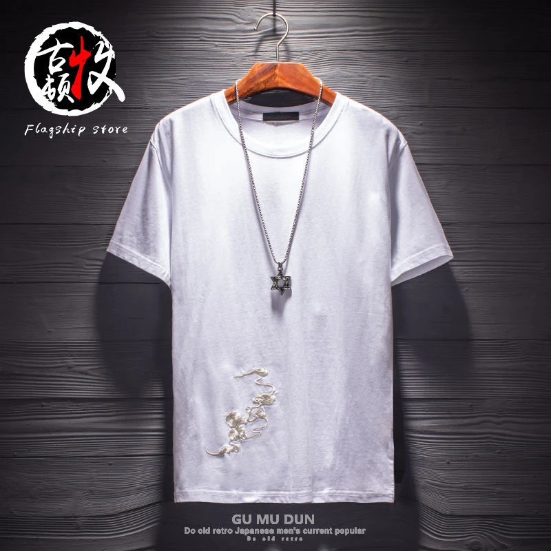 Футболка мужская оверсайз с вышивкой Kirin 100% хлопок в китайском стиле модная