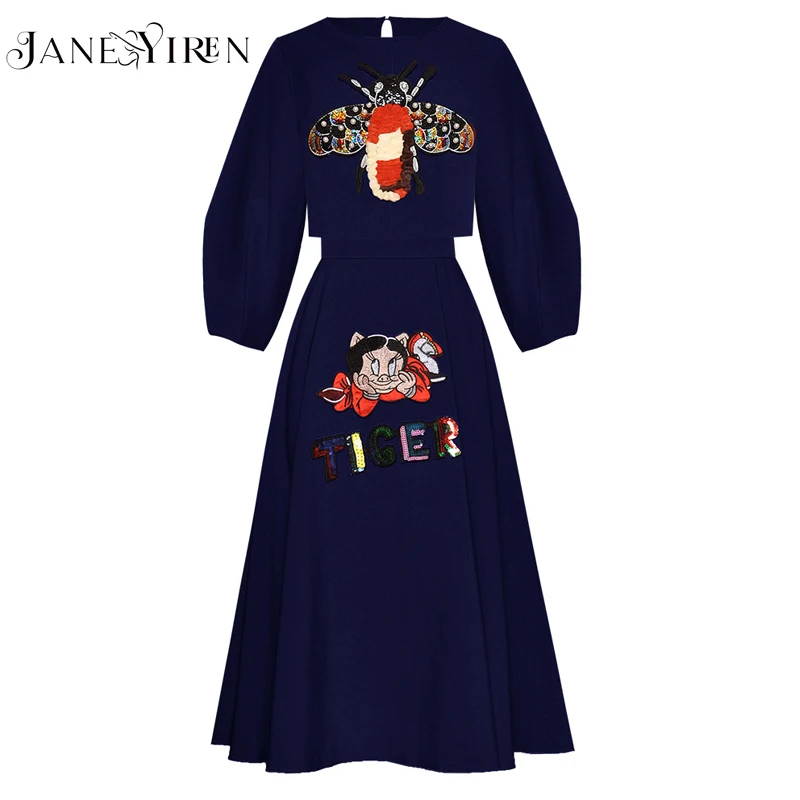 Jianyiren Fashion Designer Suit Spring Autumn Women Lantern sleeve insect Embroidery Sequin Short Tops+Skirt Two-piece set