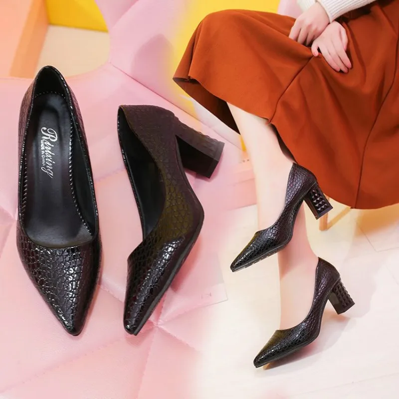 

New Solid Fashion Women Pumps Shoes Wedding PU Casual 6cm High Heels Pointed Toe Office Career Shallow Female Shoes Four Seasons