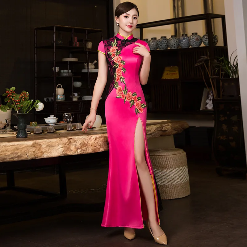 Женское атласное шелковое платье-Ципао в китайском стиле с вышивкой |