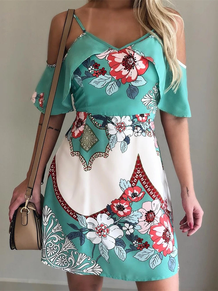 

Women Summer Elegant Vacation Leisure Mini Dress Female Holiday Floral Print Cold Shoulder Casual Dress