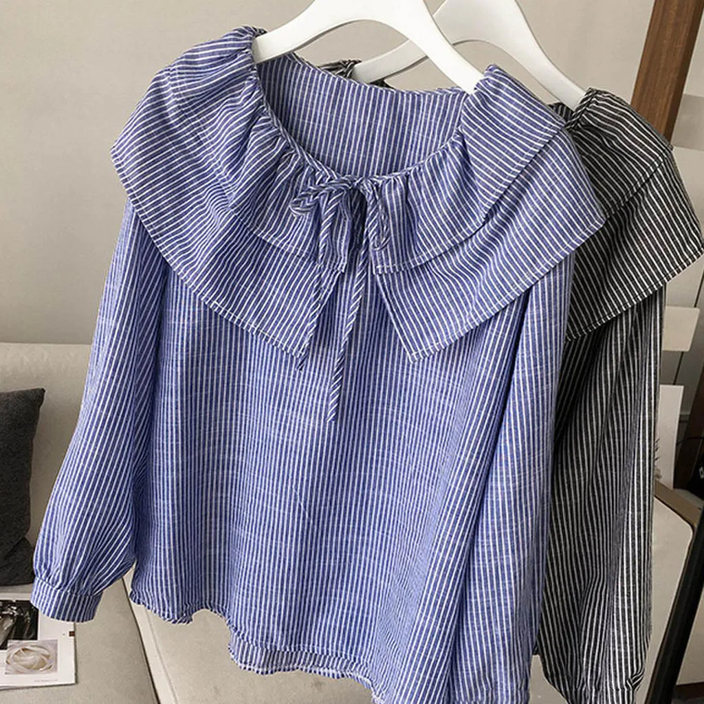

Fashion Plus Size Women Spring Shirt Casual O-Neck Striped Ladies Long Sleeve Ruffles Loose Shirt Sweet Korean Version Shirt