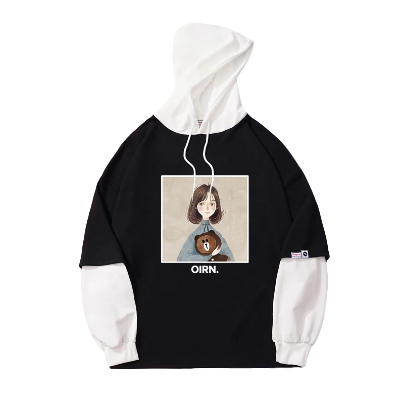 

Толстовка с капюшоном в стиле Харадзюку, осенне-Весенняя Толстовка с вышивкой, Женская Повседневная Толстовка с мультяшным принтом Мишки и ...