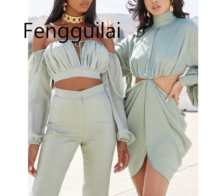 

FENGGUILAI Solid Button Turtleneck Puff Sleeve Fashion Dress Hollow Out Sexy Backless Zipper Mini Dress Slit Women's Dress