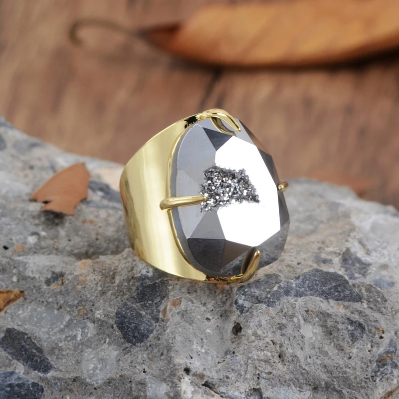 egg-silver Бренд borosa, Радужный дизайн, титановая Друза, граненое кольцо-коготь, медное золото, цветная слеза, яйцо, форма шампанского, друза, кольцо - Цвет основного камня: egg-silver