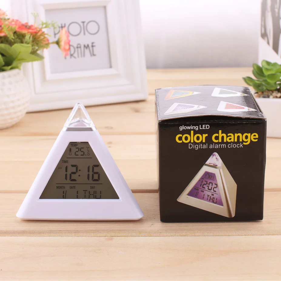 Triangle white seven-color alarm clock LED discolored creative fashion lazy decompression | Дом и сад