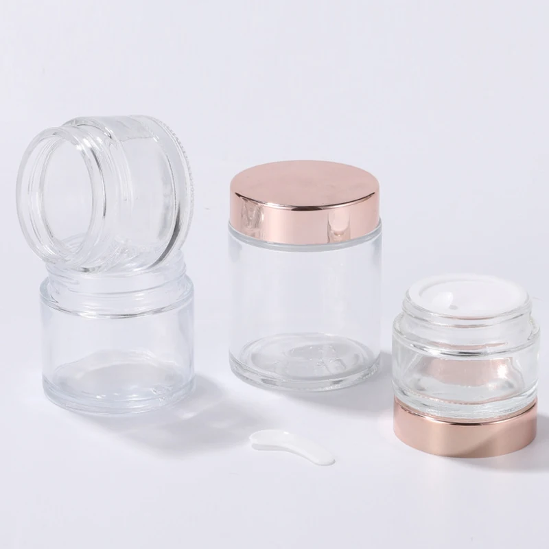 5g to 100g Clear Glass Jars Cream Bottles Round Shape Cosmetic Containers With Rose Gold Cap For Face Cream Makeup Packing