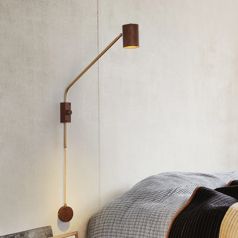 

Designer Walnut Wood Art Swing Arm Wall Lamp Simple Creative LED Indoor Lighting Bedroom Bedside Study Living Room Sofa Reading