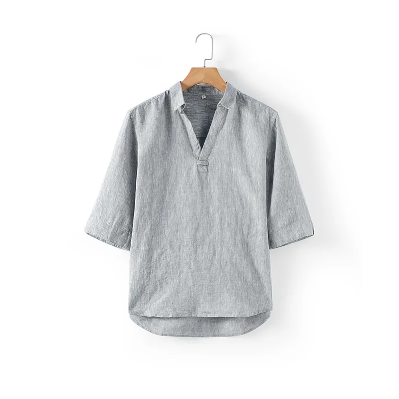 

2021 spring new men's Linen Shirt Lapel V-shaped medium sleeve casual pullover d009