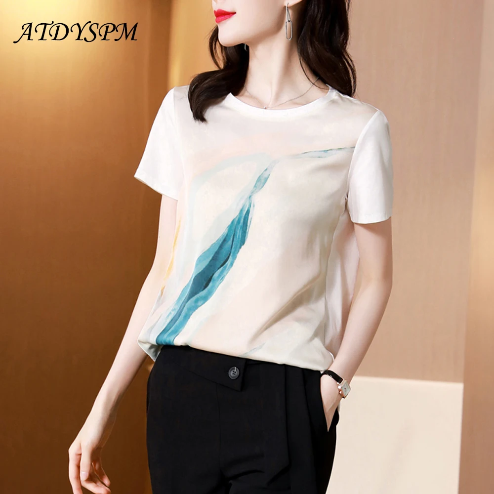 

White Silk Shirts Women 2021 Summer New Fashion Round Neck Short Sleeve Printed T-Shirts Female Casual Simple Satin Tops Blouses
