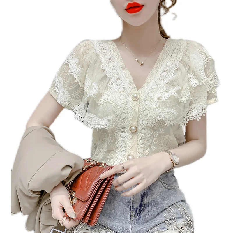 

New Short Sleeve V-neck Blouse 2021 Summer Sweet Lace Ruffle Stitching Women Tops Crochet Mesh New Chiffon Shirt Blusas 14174