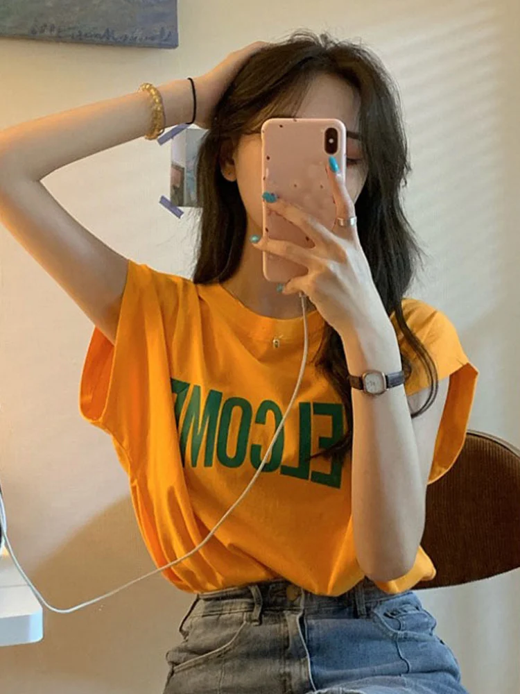 

2021 T-shirt New Summer Korean Round Neck Letter Print Orange Sleeveless Women's Versatile Loose Top