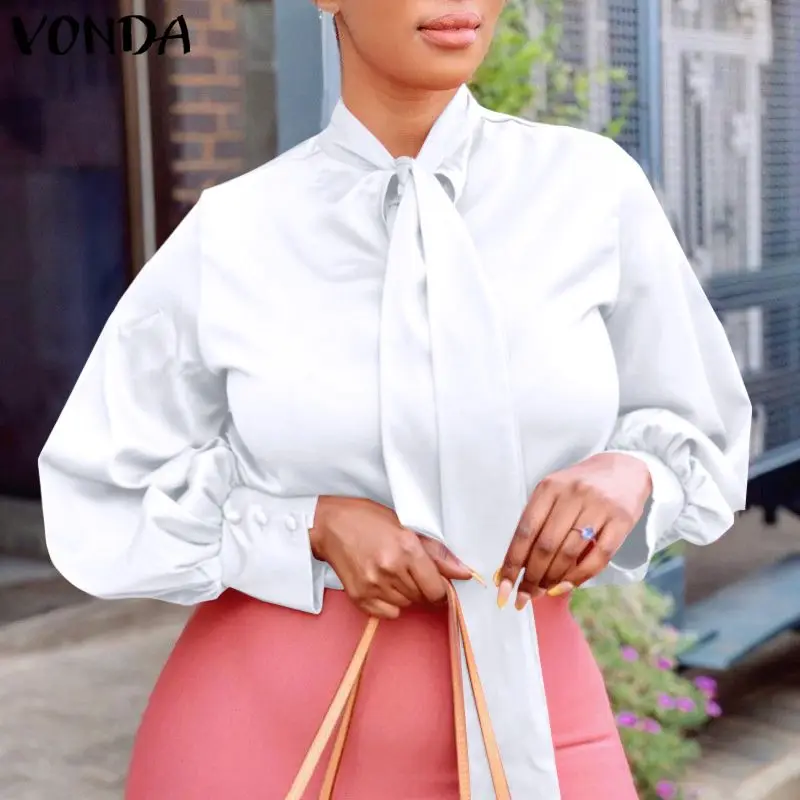 

Женская блузка VONDA, весенне-Летние Плиссированные Топы, Повседневная Блузка с круглым вырезом и рукавом-фонариком, богемные праздвечерние ч...