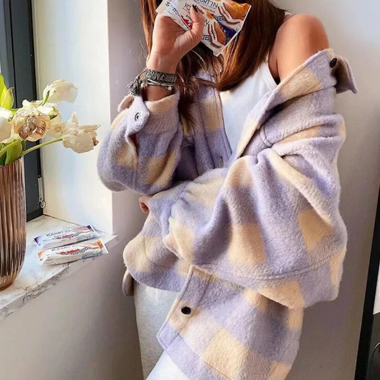 Новинка 2021 модная облегающая фиолетовая куртка пальто винтажная клетчатая