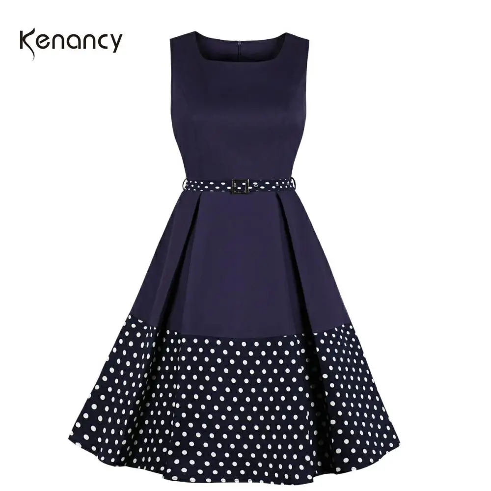 Женское винтажное платье без рукавов Kenancy в горошек с круглым вырезом и поясом