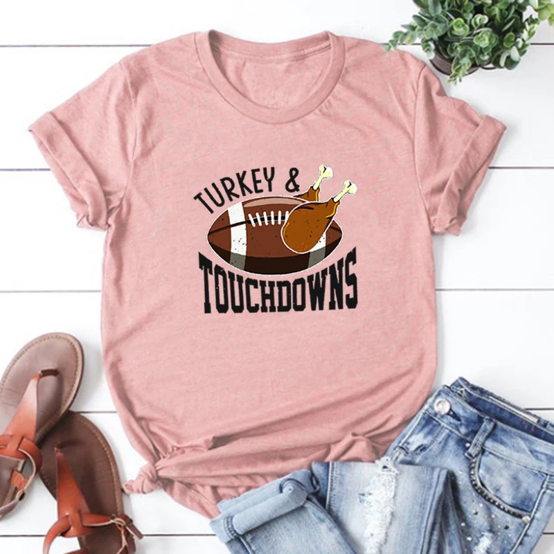 

Turkey Touchdowns Graphic T Shirts Aesthetic Funny Thanksgiving 2020 Women Fashion Clothing Harajuku Woman Tshirts Cotton XL