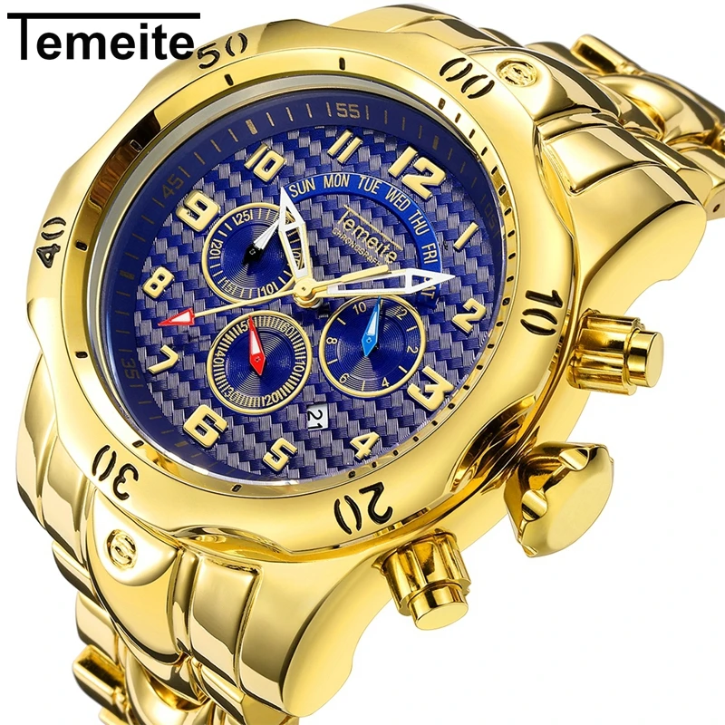 

TEMEITE модные синие золотые мужские часы светящиеся водонепроницаемые военные спортивные кварцевые часы с хронографом повседневные деловые ...