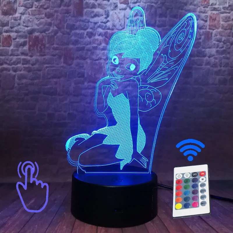 Remoter and Touch 3 Крылья Динь-Динь, 3D иллюзия, светодиодная лампа, 7 цветов, меняющий Ночной светильник, Динь-Динь, феи, Детский Светильник, игрушки на день рождения - Цвет: Remoter and Touch 3