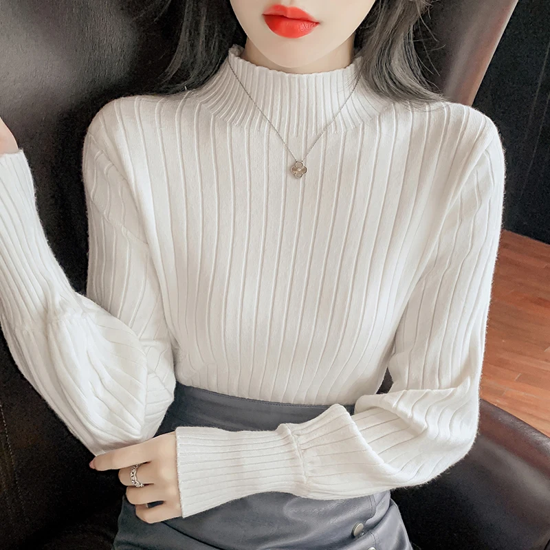 

Pullover Women 2021 Autumn Winter New Style Korean Half High Collar Lantern Sleeve Stripe Knitting Bottoming Shirt Sweater Top